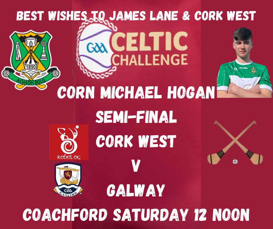 Aghabullogue GAA Club (@aghabulloguegaa) on Twitter photo Best wishes to our own James Lane & Cork West when they take on <a href="/Galway_GAA/">Galway GAA Official</a> in Coachford in the <a href="/CorkCelticChall/">Cork Celtic Challenge</a> Corn Michael Hogan on Saturday at 12.
<a href="/RebelOg_/">Rebel Og</a> <a href="/CorkGAACoaching/">Cork Gaa Coaching & Games</a> <a href="/OfficialCorkGAA/">Cork GAA</a> <a href="/MuskerryGAA/">Muskerry GAA</a> Best wishes to our own James Lane & Cork West when they take on <a href="/Galway_GAA/">Galway GAA Official</a> in Coachford in the <a href="/CorkCelticChall/">Cork Celtic Challenge</a> Corn Michael Hogan on Saturday at 12.
<a href="/RebelOg_/">Rebel Og</a> <a href="/CorkGAACoaching/">Cork Gaa Coaching & Games</a> <a href="/OfficialCorkGAA/">Cork GAA</a> <a href="/MuskerryGAA/">Muskerry GAA</a>