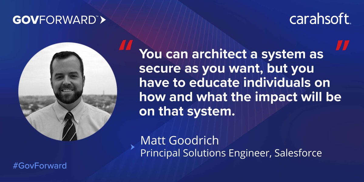 Carahsoft's tweet photo. #GovForward: @mattmgoodrich, Principal Solutions Engineer at @SalesforceGov, shares how agencies should view architecting a #ZeroTrust system for the most impactful results: https://t.co/tPRkXKNwhP