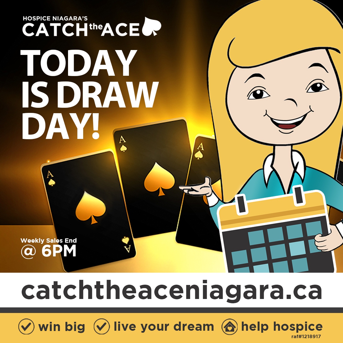 HospiceNiagara's tweet photo. TODAY IS DRAW DAY – DO YOU HAVE YOUR TICKETS?

With the progressive jackpot growing to NEARLY $220,000 this week – if you find the Ace of Spades-YOU WIN BIG.

Get your tickets by TODAY at 6PM– you never know, we could be calling YOU next!

https://t.co/y0VS6XPMuP https://t.co/3woU5mYZof
