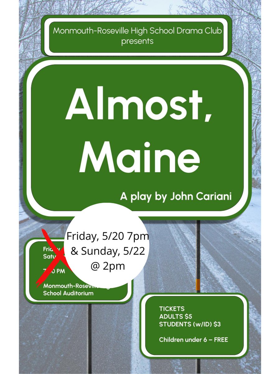 DistOffice238's tweet image. NEW DATE: Because of some family emergencies that have arisen in our cast, our spring play, Almost, Maine, has been moved to next weekend -- Friday (5/20) at 7pm and Sunday (5/22) at 2pm.  We hope you can join us for this terrific show! #TitanNation