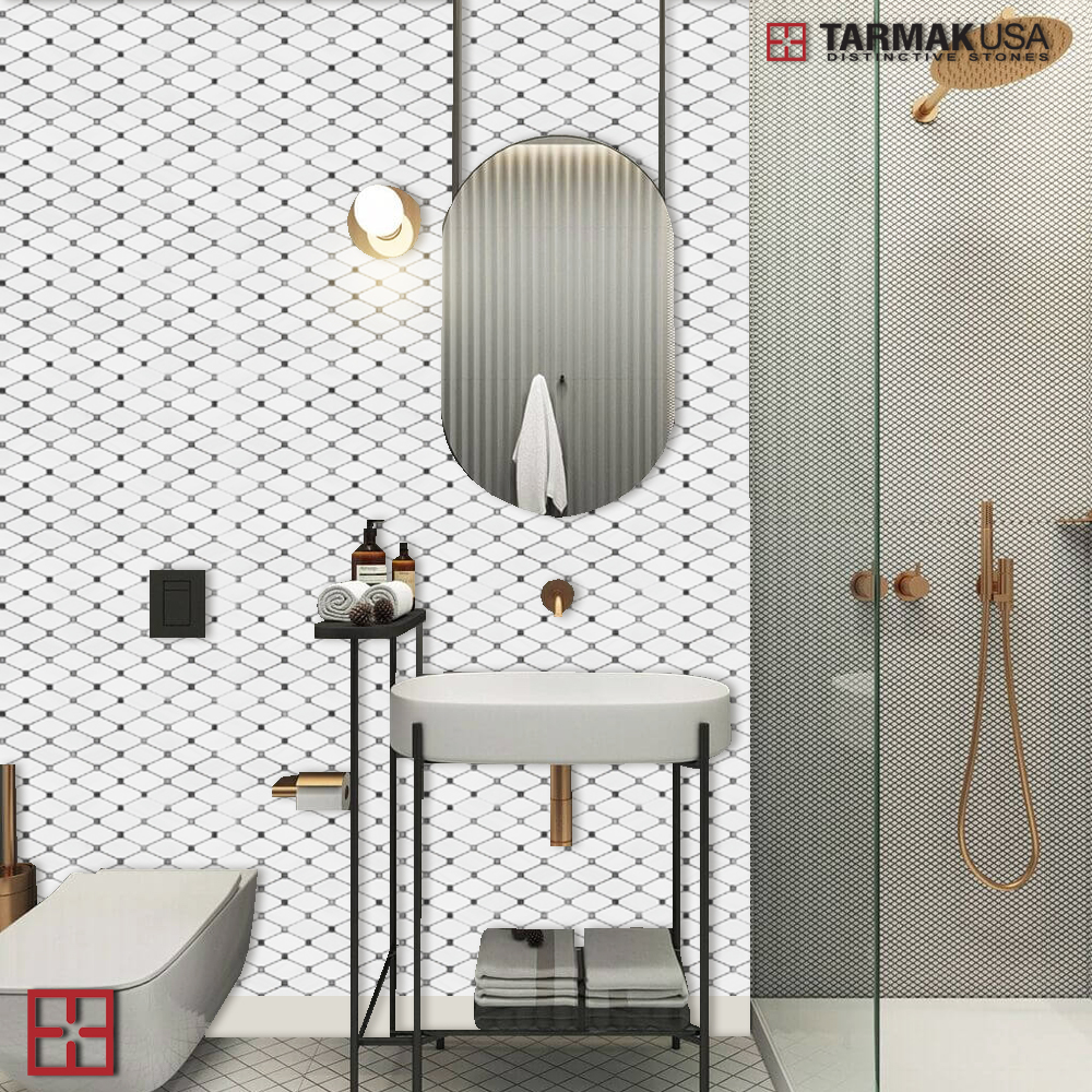 tarmakusa's tweet photo. Clipped diamond shaped tiles accented by small square marble pieces. Use for walls, backsplashes and floors. #tarmakusa #mosaics #backsplashideas #backsplash #kitchendesign #clippeddiamond #homerenovation #homeremodel #kitchenremodel #kitchencabinets #backsplashtile https://t.co/t3paVxBWi0