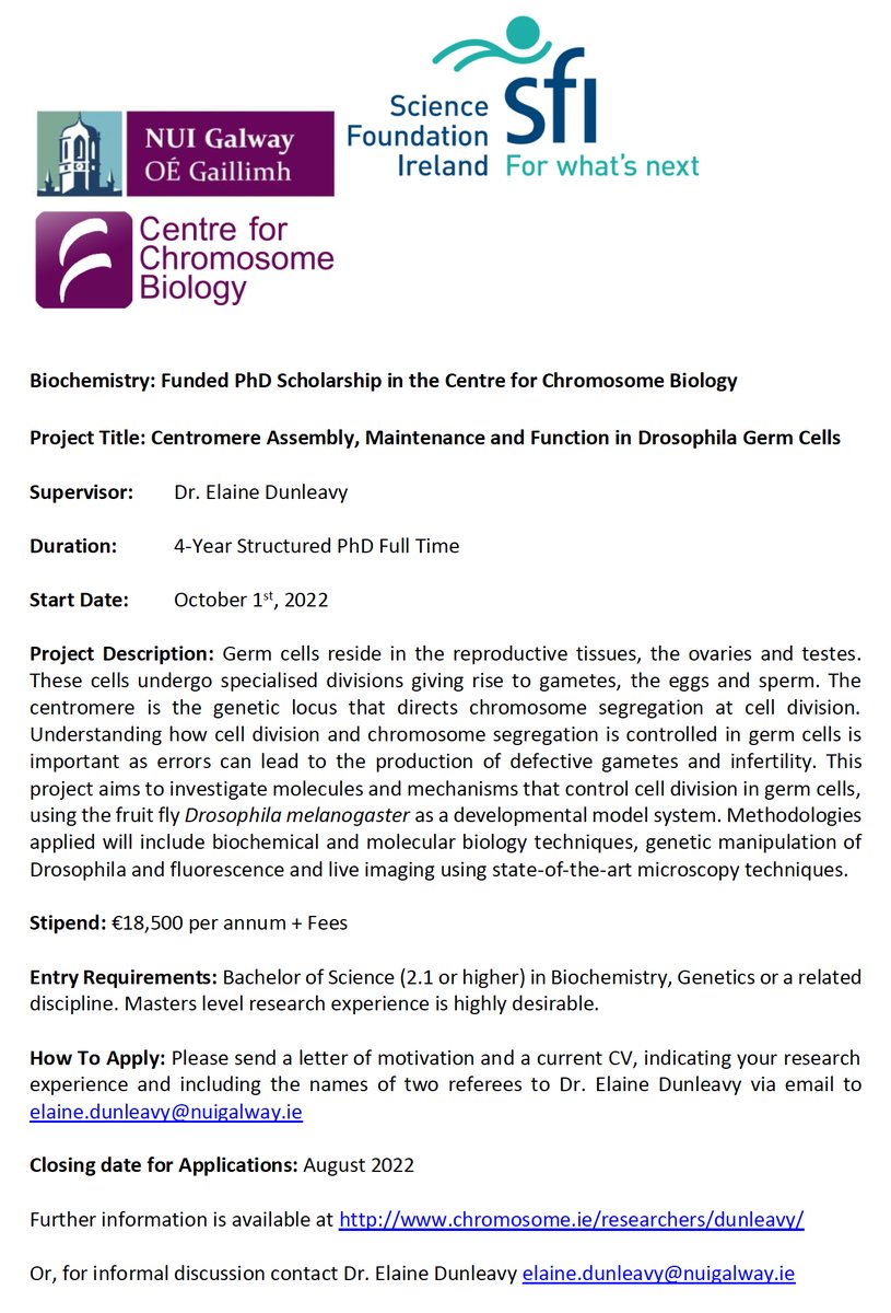 dunleavy_elaine's tweet photo. I am searching for a postdoc and a PhD student to join my lab in Galway. If you are interested in working on Drosophila or bovine centromeres in germ cells, contact me! Thanks to @scienceirel for funding. 
https://t.co/9JVQhfJpXo https://t.co/IjDbX54QHV