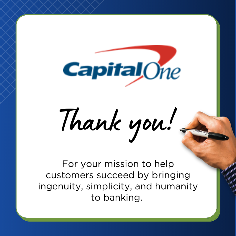 ProsperaUSA's tweet photo. #ThankfulThursday - ๐ Thank you @capitalone for your mission to help customers succeed by bringing ingenuity, simplicity, and humanity to banking. ๐ค
#ProsperaUSA #ProsperaFunders #ProsperaPartners #HispanicEntrepreneurship https://t.co/ZdREBzWLVy