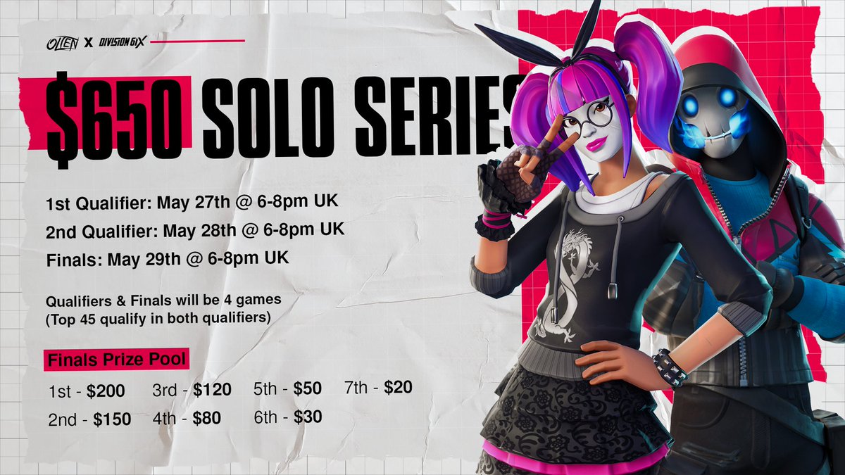 Div6ix's tweet photo. We're back again with another $650 Tournament 👀

This time with Solos! All to be streamed on @0lten twitch 🔥

Sign up links:
Qualifier 1: https://t.co/TKzCGviIG9
Qualifier 2: https://t.co/dfoUNTKQIO https://t.co/mLDXIzdKif