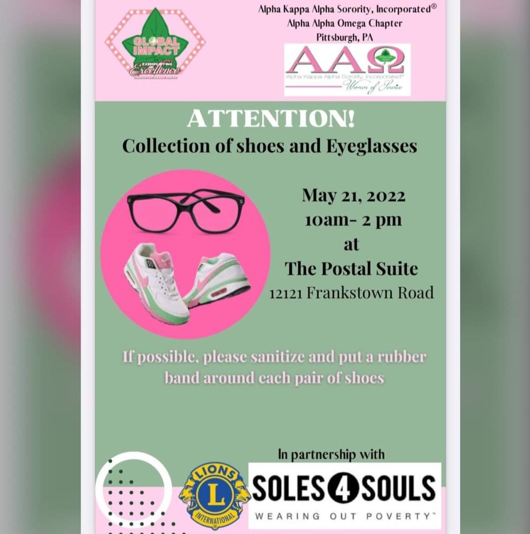 AKAPGHAAO's tweet photo. Alpha Alpha Omega Chapter will be collecting shoes and eyeglasses.

For more info contact: aaoshoecollection@gmail.com 

If you would like to give a donation: $1 = 1 pair of shoes—please use this link:

https://t.co/PUMDpsdBit

#AKA1908 #AKAGreatLakes #AKAPghAAO #Soles4Souls https://t.co/NRmXDSVoRZ