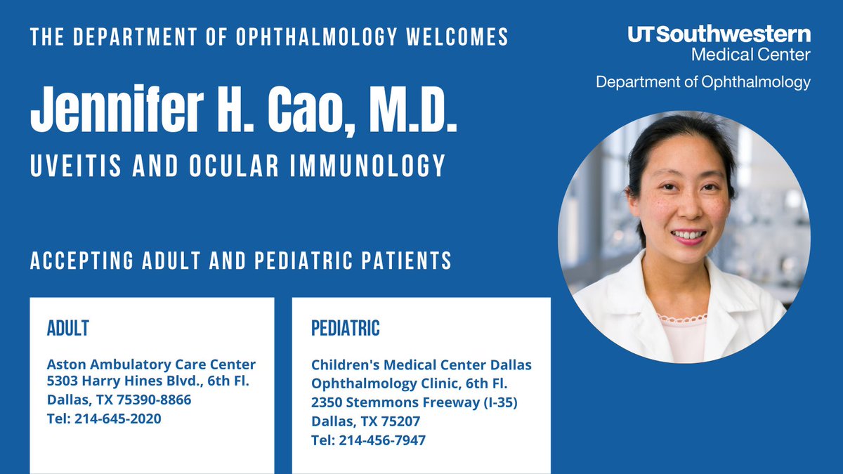 Welcome Dr. Jennifer Cao! Specializing in uveitis and ocular immunology, Dr. Cao will see patients at two of our Dallas clinics. We're delighted she's back with the Department of Ophthalmology!
