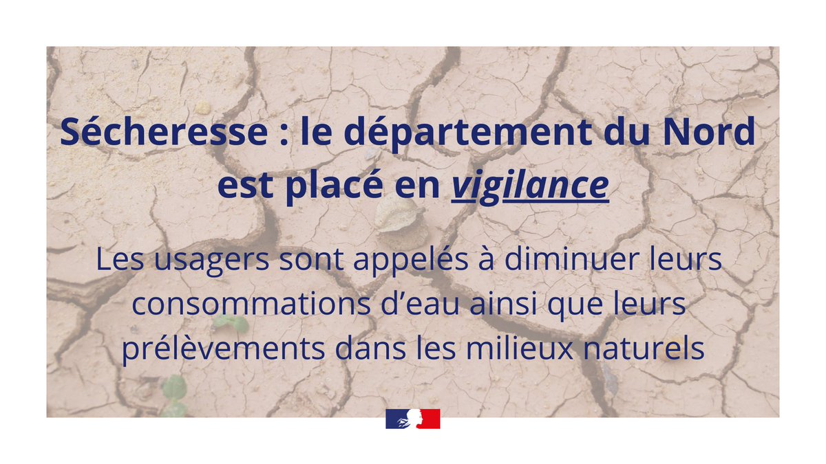 ⚠ Vigilance sécheresse pour le département du #Nord 
Les usagers sont invités à réduire leurs consommations d'eau et à éviter les utilisations qui ne sont pas indispensables afin de permettre d'éviter une baisse des nappes phréatiques et de préserver les milieux naturels.