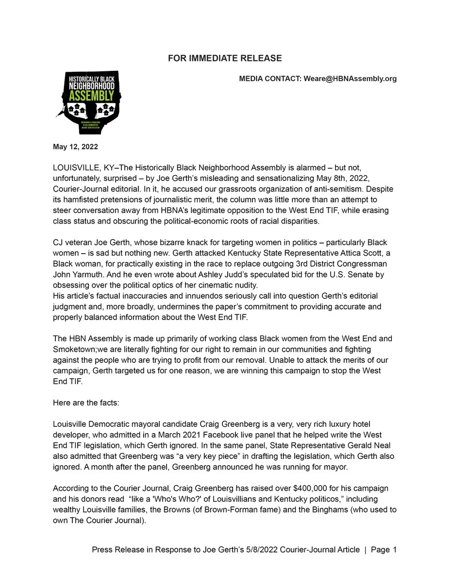 HBNAssembly's tweet photo. In response to @Joe_Gerth's allegations of antisemitism, the Historically Black Neighborhood Assembly has released the following statement, which includes responses from #StoptheTIF campaign supporters who are Jewish. #Louisville @courierjournal @WLKY @WFPLNews @WDRBNews @DemLMC https://t.co/cGi50amGFP