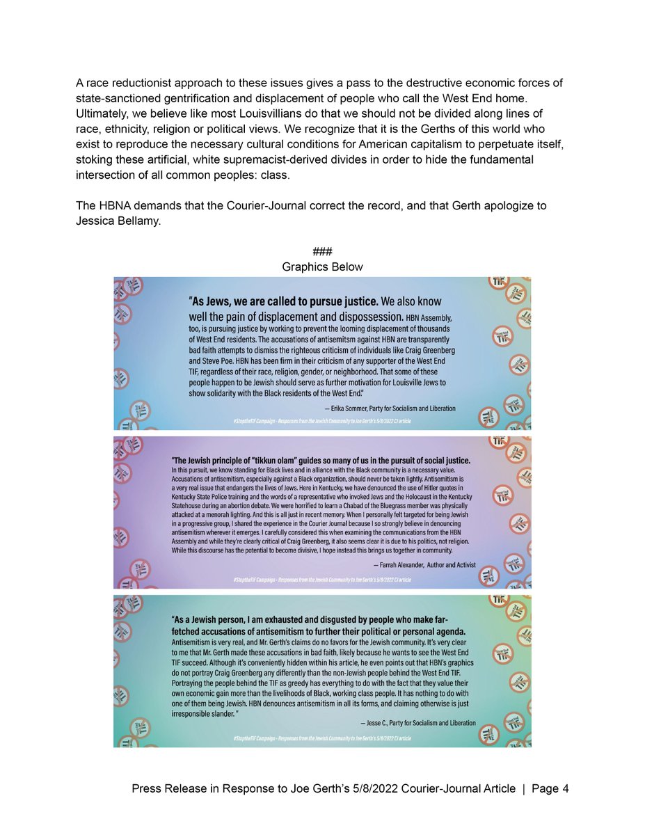HBNAssembly's tweet photo. In response to @Joe_Gerth's allegations of antisemitism, the Historically Black Neighborhood Assembly has released the following statement, which includes responses from #StoptheTIF campaign supporters who are Jewish. #Louisville @courierjournal @WLKY @WFPLNews @WDRBNews @DemLMC https://t.co/cGi50amGFP