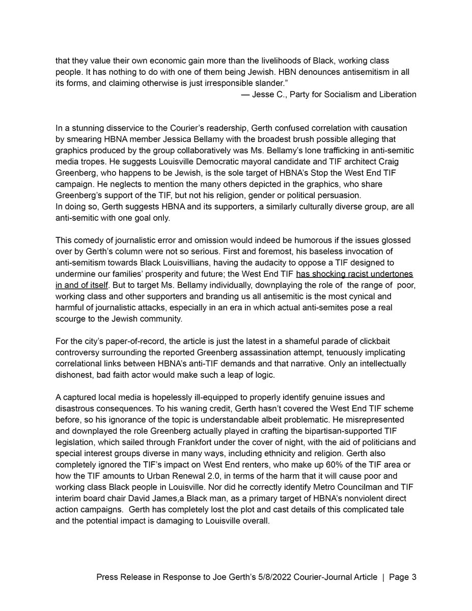 HBNAssembly's tweet photo. In response to @Joe_Gerth's allegations of antisemitism, the Historically Black Neighborhood Assembly has released the following statement, which includes responses from #StoptheTIF campaign supporters who are Jewish. #Louisville @courierjournal @WLKY @WFPLNews @WDRBNews @DemLMC https://t.co/cGi50amGFP