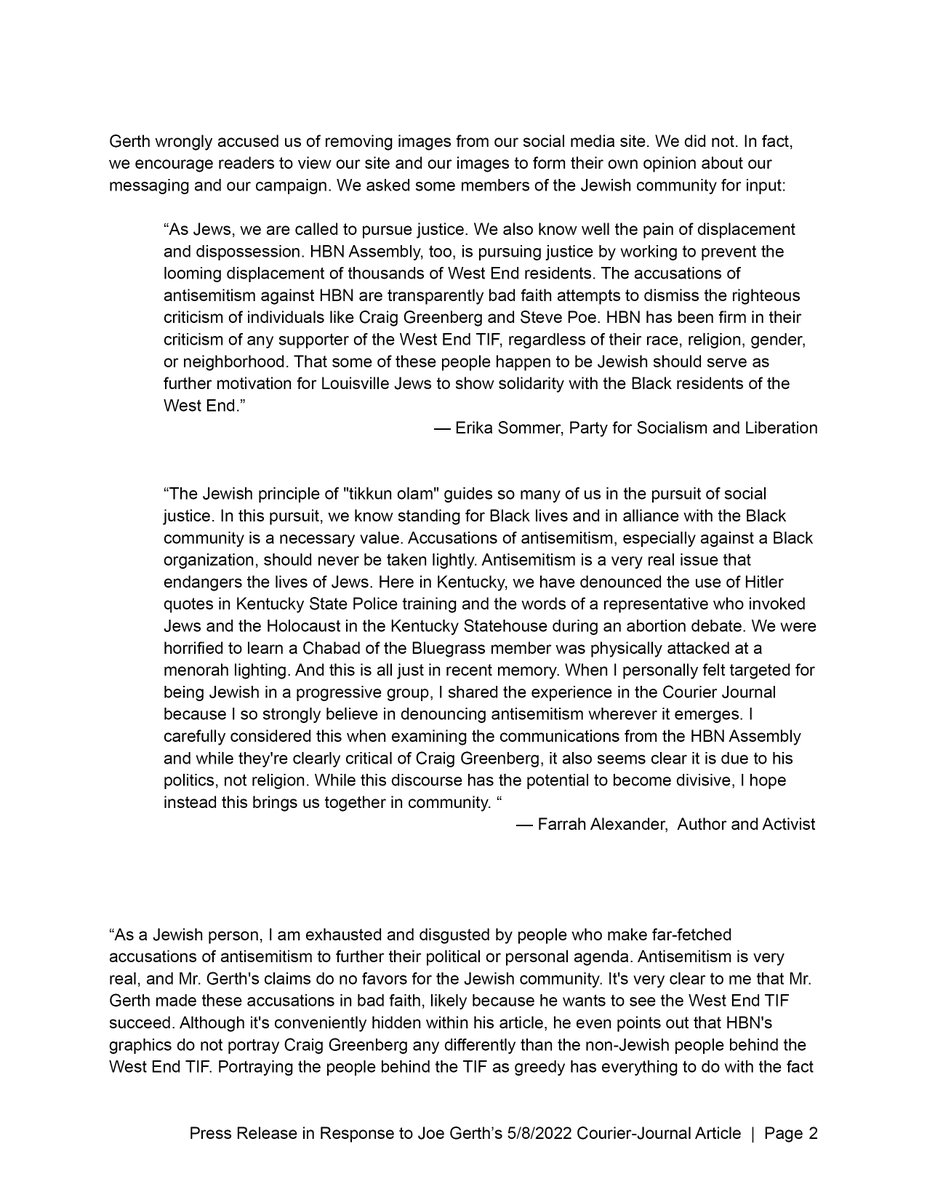 HBNAssembly's tweet photo. In response to @Joe_Gerth's allegations of antisemitism, the Historically Black Neighborhood Assembly has released the following statement, which includes responses from #StoptheTIF campaign supporters who are Jewish. #Louisville @courierjournal @WLKY @WFPLNews @WDRBNews @DemLMC https://t.co/cGi50amGFP