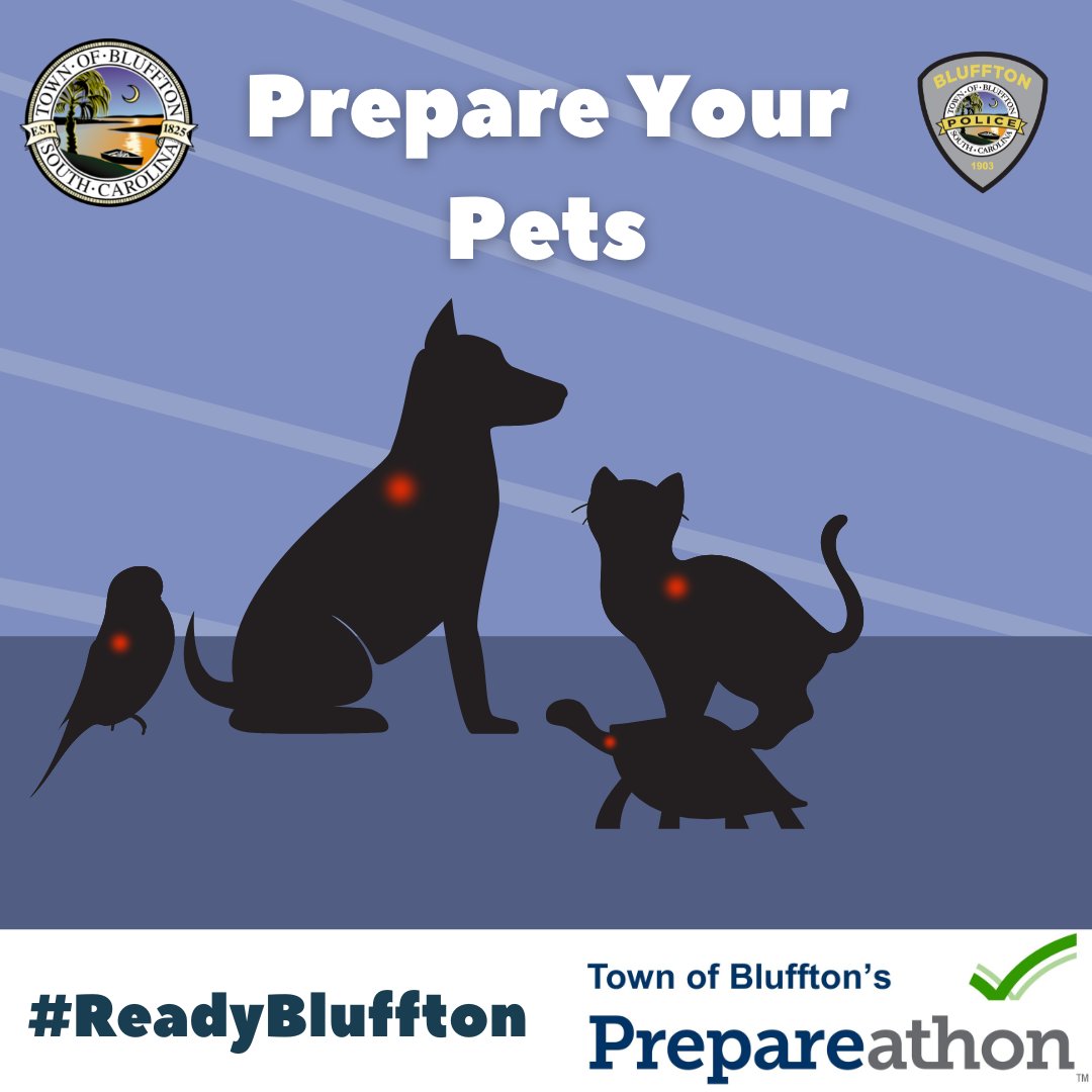 BlufftonPolice's tweet photo. *Daily Preparathon #ReadyBluffton Activity --Prepare your Pets!*
Microchip your pets and make an emergency plan for pet care. Many pets are abandoned during weather emergencies, pre-planning will reduce these heart-breaking situations.
To learn more visit: https://t.co/c0qYOT7ipu https://t.co/y14HmWbtp9