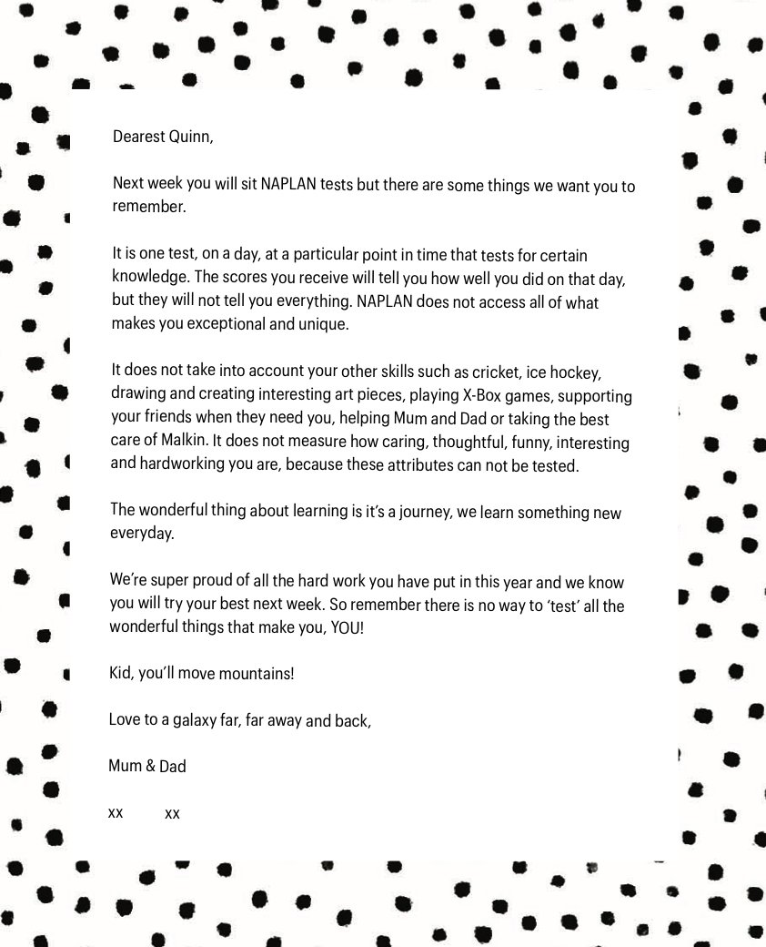 7 years ago I wrote a letter to my 1st class of Year 5's to ease their NAPLAN nerves, my son was in Kindy at the time. This week I modified the letter and left it in an envelope for him. He didn't say much, just tilted his head and gave a slight smile #learningjourney #gotthis