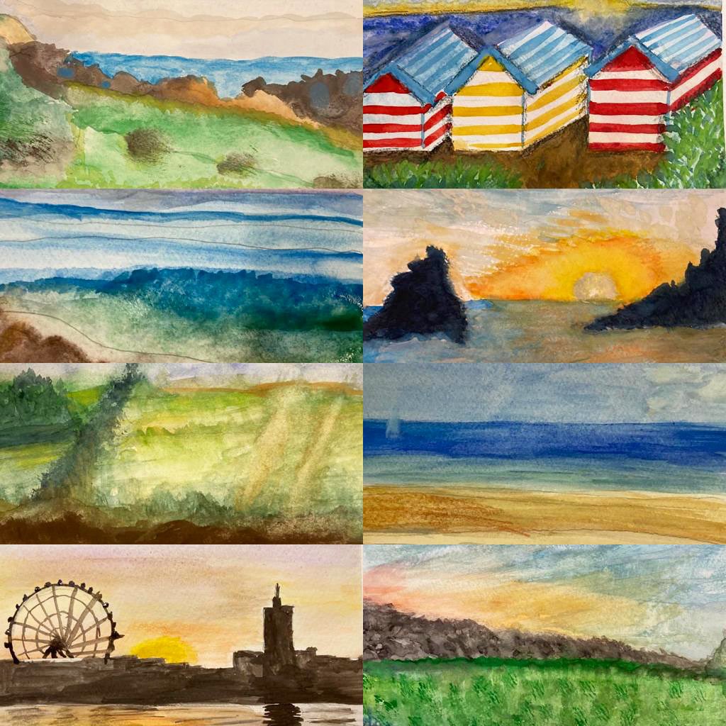 <a href="/artukdotorg/">Art UK</a> our watercolour postcard workshop with <a href="/FCComFoundation/">Hull FC Foundation</a> produced some beautiful cloudy skies. In them you can see a Malaga sunset, the rice fields of Valencia, a volcanic Tenerife beach and a Summer’s day in Jersey #OnlineArtExchange
