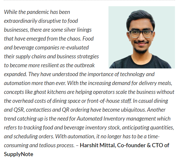 NoteSupply's tweet image. A big shout out to @CXOtodayAlerts for featuring the insights of Harshit Mittal, Co-founder &amp;amp; CTO of @NoteSupply, on the occasion of the International #TechnologyDay2022.
Read more at: bit.ly/3wGuE79
@Harshit613 
#restaurants #supplychainmanagement