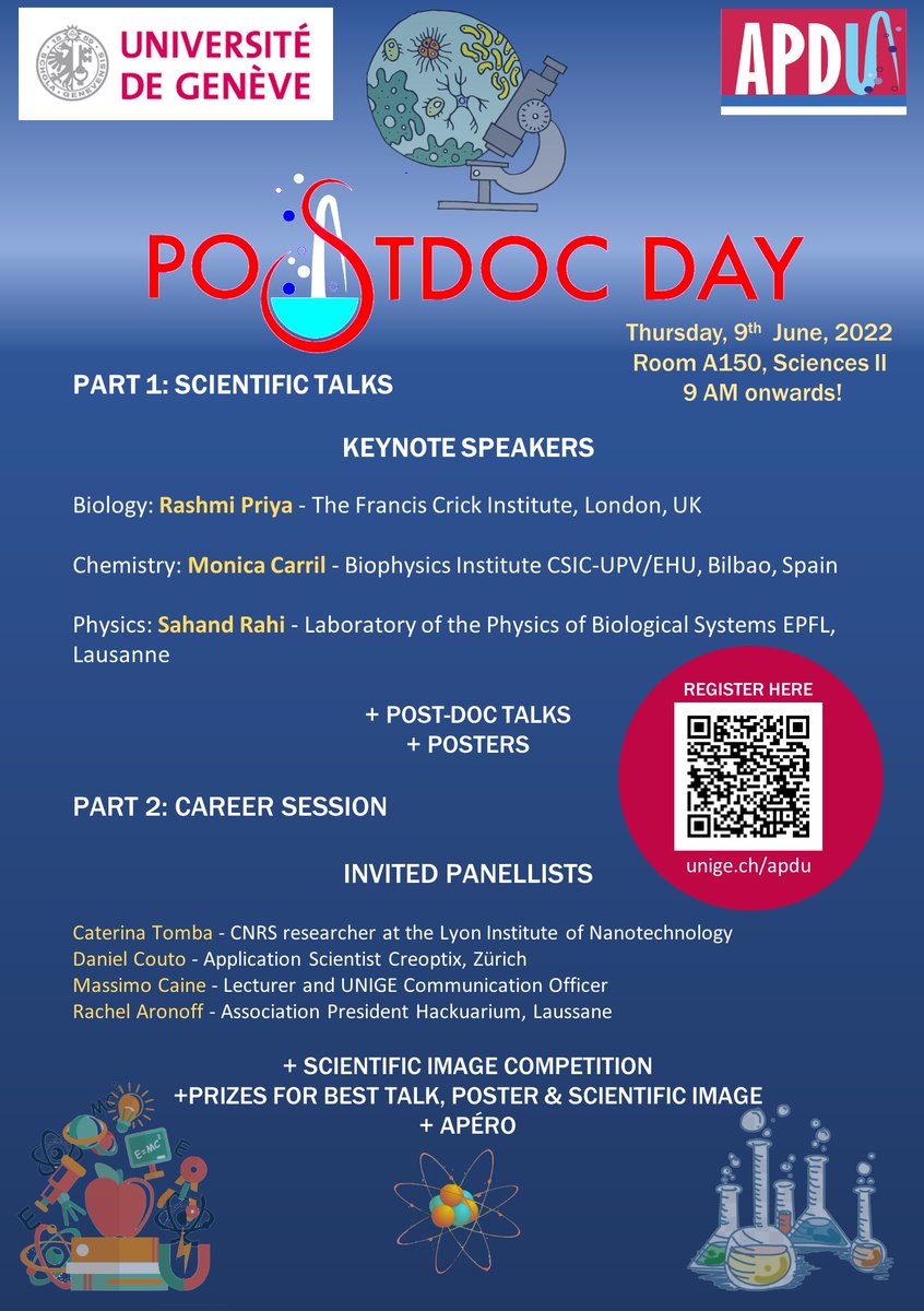 APDUnige's tweet photo. The 5th Post Doc day is happening soon in person on  June 9th, at Room A150, Sciences II, University of Geneva.
Invited speakers, post doc talks, poster session, image competition, career session, prizes, and apero. 
Register here before 23 May
https://t.co/4n50ugGnQC https://t.co/RGFF31BJGD