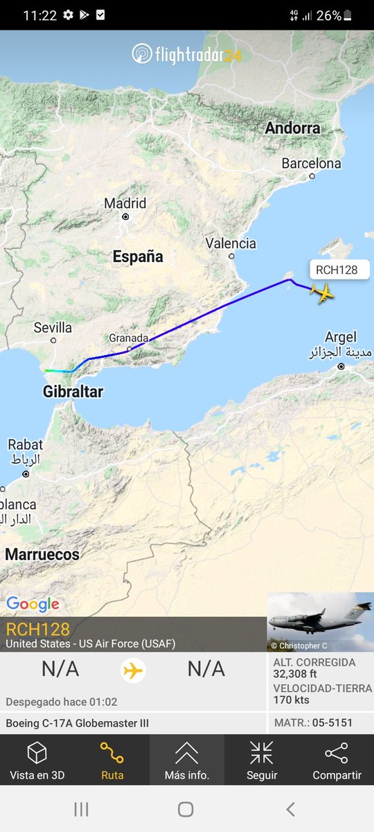 MilRadar's tweet photo. ๐บ๐ฒ #USAF C-17A Globemaster III 05-5151 del #535thAS despega desde #Rota y con rumbo E sobrevuela el #Mediterrรกneo al sur de #Baleares https://t.co/WAp0QpgMYN