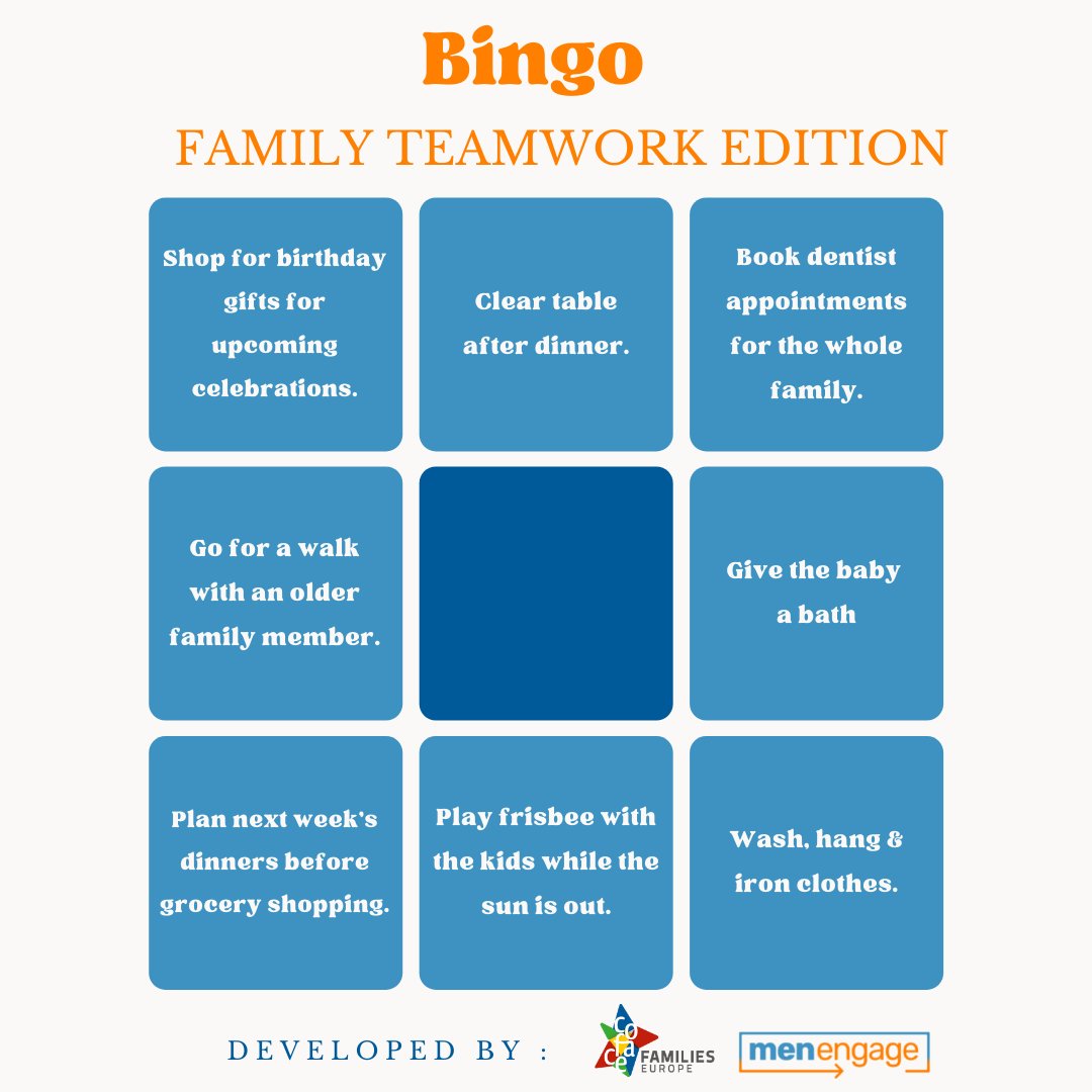 No matter the make-up of your family, a family is a team.

Start the conversation about the equality of your #FamilyTeamwork with a round of bingo!

More information and resources 👉 bit.ly/3kSns2a 

#MenEngage
