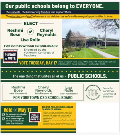 LisaRolle's tweet photo. @cheryl1reynolds, @boseresh and I are honored to be endorsed by the Yorktown Congress of Teachers of @YorktownCSD!  🍀🗳Vote May 17 at French Hill🗳🍀 https://t.co/WR31LjhDJT