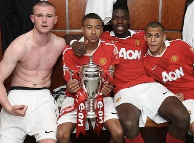 academyarenaUTD's tweet photo. Sam Mather, Dan Gore, Kobbie Mainoo and Maxi Oyedele recreate the iconic FA Youth Cup photo from 2011. https://t.co/5VL2qC8lKa