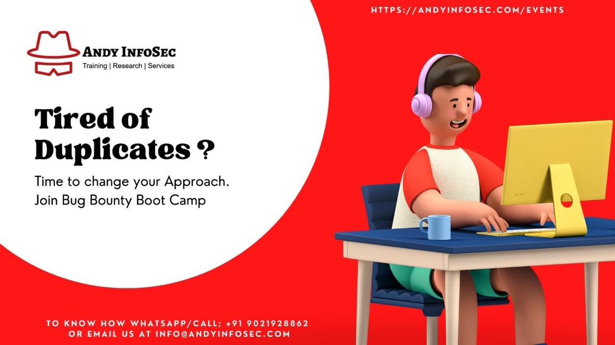 AndyInfoSec_'s tweet photo. Tired of duplicates in Bug Bounty? 
Watch to know where you fail-
https://t.co/AgZ4e5Q3Is

Time to change your Approach. 
Join Bug Bounty Boot Camp- https://t.co/NNXaWeZMlc

#bugbounty #bounty #bootcamp #hacker #hacking #ethicalhacker #ethicalhacking #infosec #vapt #bughunting https://t.co/AkPH72ReG5