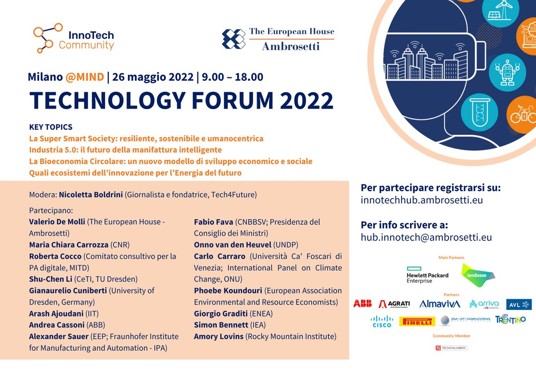ENEAOfficial's tweet image. ❗️#SaveTheDate #TechForum2022

📅 Giovedì 26 maggio al #MINDMilano
Si tratterà temi di grande attualità: #SmartSociety #Industria #BioeconomiaCircolare e #Energiadelfuturo.

Tra i relatori #GiorgioGraditi @ENEAOfficial 
Maggiori informazioni: innotechhub.ambrosetti.eu/it/incontri/sh…