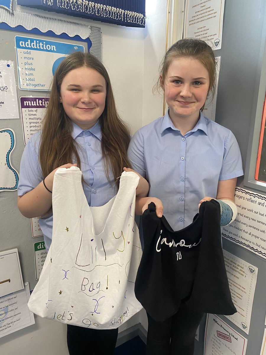 MissCahill7's tweet photo. A bid diolch to @MrsJHudson1  for helping us “up-cycle”our old t-shirts into bags to create junk couture as part of our learning on sustainable and ethical choices. 🪡🧵@MiltonPrimary17 https://t.co/HDvMt7puIO