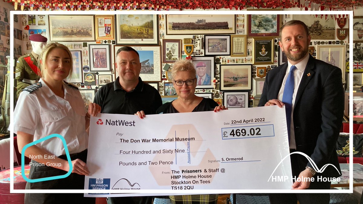 HMPHolmeHouse's tweet photo. Prisoners and staff recently raised funds and donated items to support the people of Ukraine. Our Governor and two officers presented this cheque to Julie, who runs The Don War Memorial Museum &amp; Veterans Hub in Thornaby and visits Ukraine to deliver food and medical supplies. https://t.co/GF948SyxMo