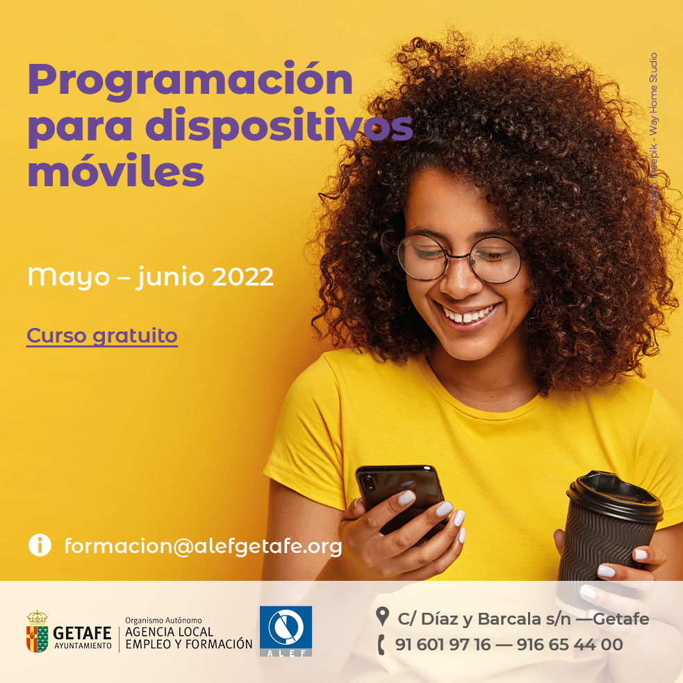 alefgetafe's tweet photo. #FormaciónALEF – Apúntate al #cursogratuito sobre Programación para dispositivos móviles que empieza este mes de mayo y aprende a utilizar las herramientas que te permitirán crear tus propias aplicaciones para estos terminales. 👉Solicita tu plaza: https://t.co/yc99iyGMEP https://t.co/Bw5wpc0aFo