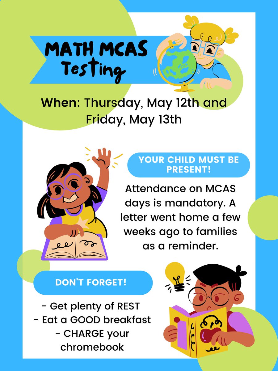 MiddleGuilmette's tweet photo. Math TODAY, May 12th and TOMORROW, May 13th!  Below is more information, but please make sure that your student is present and on time! 

Atención familias: ¡El MCAS sigue en marcha en GMS! ¡Tendremos pruebas de matemáticas HOY, 12 de mayo y MAÑANA, 13 de mayo! https://t.co/DUhMFPQzlW