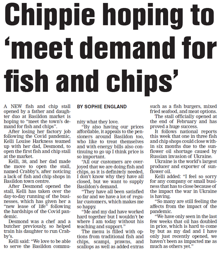 Did you see Crabby's Land &amp; Sea in the papers last week! 🦀📰 If you didn't then take a read below! 👀 Crabby's have a fantastic variety menu and always serving with a smile!  

#BasildonMarket #Basildon #Market #BasildonCommunity #BasildonTown #BasildonTownCentre