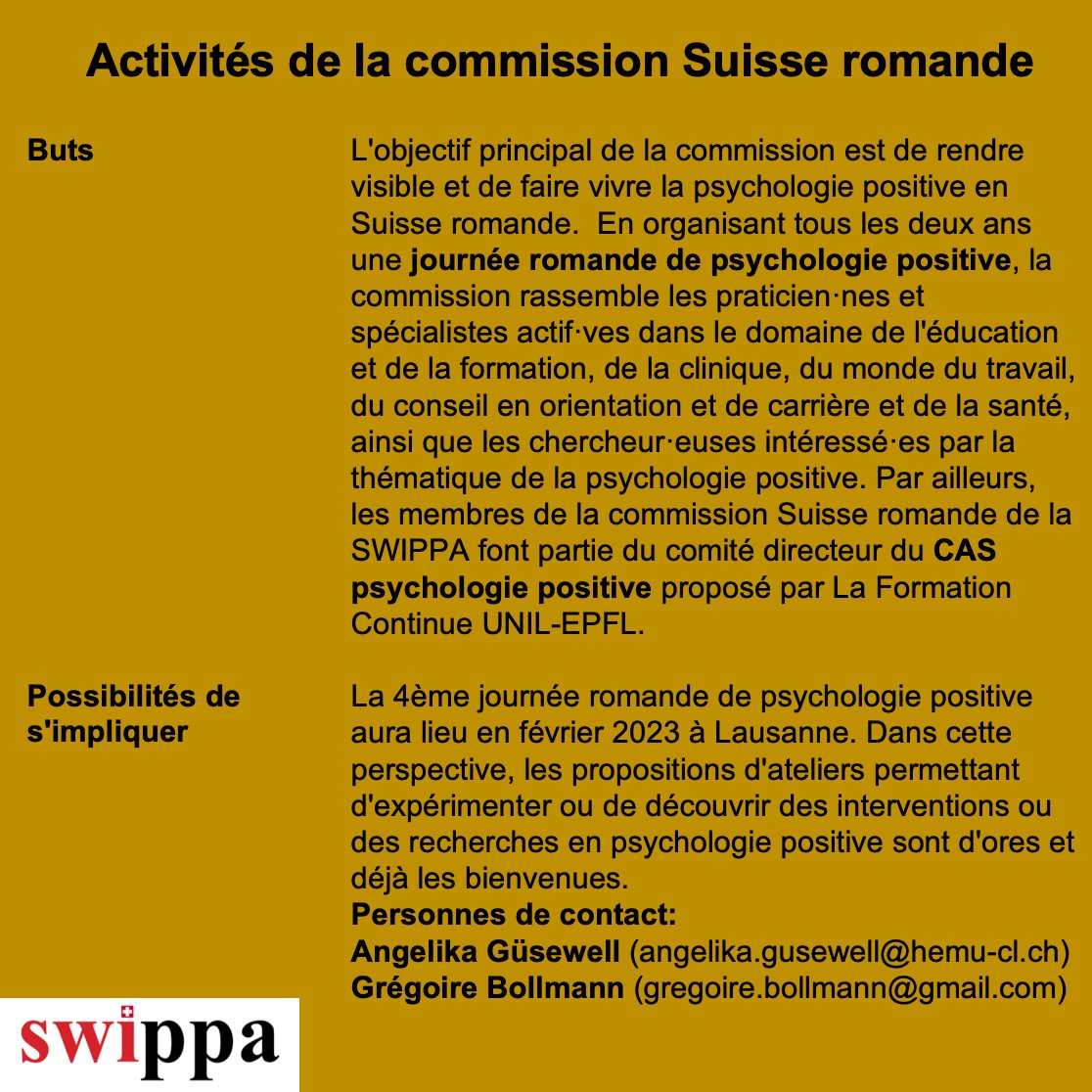 swippaCH's tweet photo. La SWIPPA-Commission de la Suisse Romande se présente! 📝
Personnes de contact:
Angelika Güsewell (angelika.gusewell@hemu-cl.ch)
et Grégoire Bollmann (gregoire.bollmann@gmail.com)
#swippa #psychologiepositive #commissionsuisseromande https://t.co/ggAKzdx5Vz