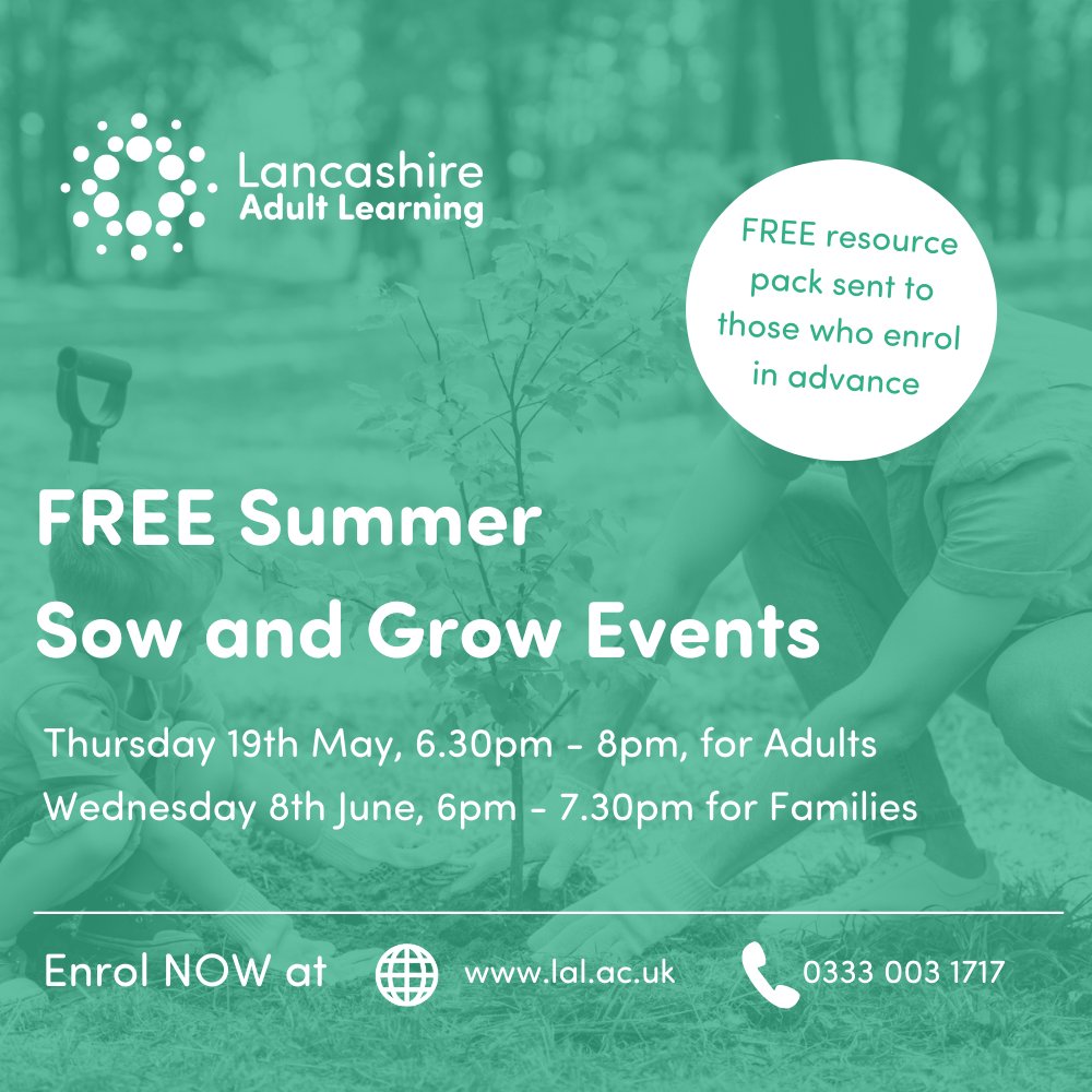 Get ready for summer with @LancsLearning #FREE Sow & Grow events 🌱🌿🪴🌻🏵️ Link to the Adult event👇 lal.ac.uk/course/sow-and… Link to the Family event👇 lal.ac.uk/course/family-… #FREE Resource pack sent if you enrol in advance 👌 Please retweet @BBCLancashire @GYOWellbeingWk