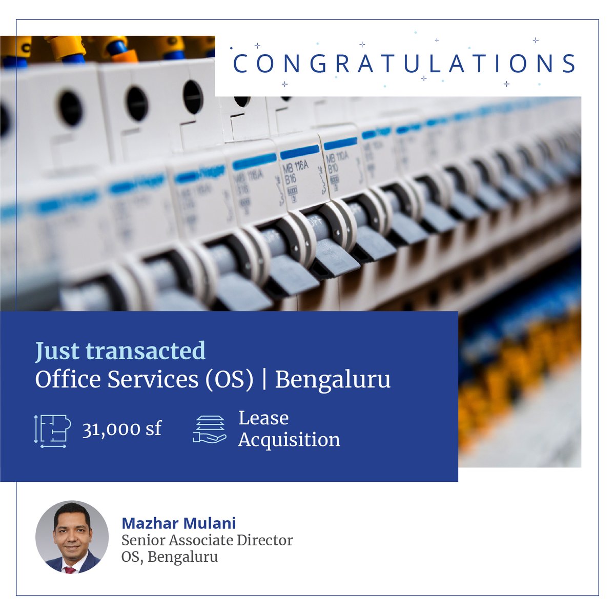 colliers_ind's tweet photo. Congratulations Mazhar Mulani, for successfully closing a lease acquisition transaction of 31,000 sq ft for our client- a global specialist in energy management and electrical equipment manufacturing.
Know more ➡️ https://t.co/GeI4xRi8ZH
#ColliersInda #OfficeLeasing #bengaluru https://t.co/81A6AaWFmJ
