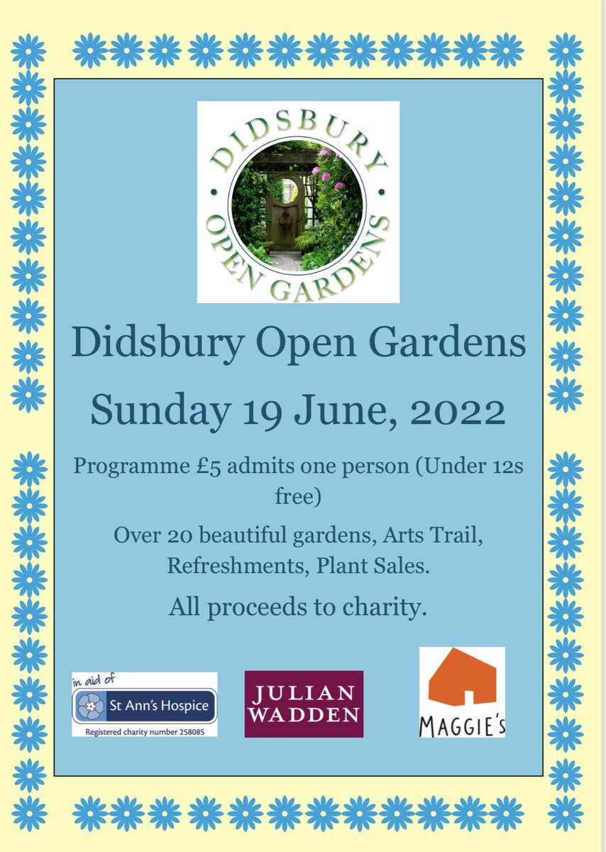 MariaStripling's tweet photo. Didsbury Open Gardens, takes place for the first time since the pandemic, on Sunday 19 June. Calling everyone who loves Gardens, tea and cakes, to join us for a lovely day out around Didsbury. Programs @cheese_hamlet @Fusiondeli to support @StAnnsHospice and @maggiesmanc https://t.co/X9cSzfEapj