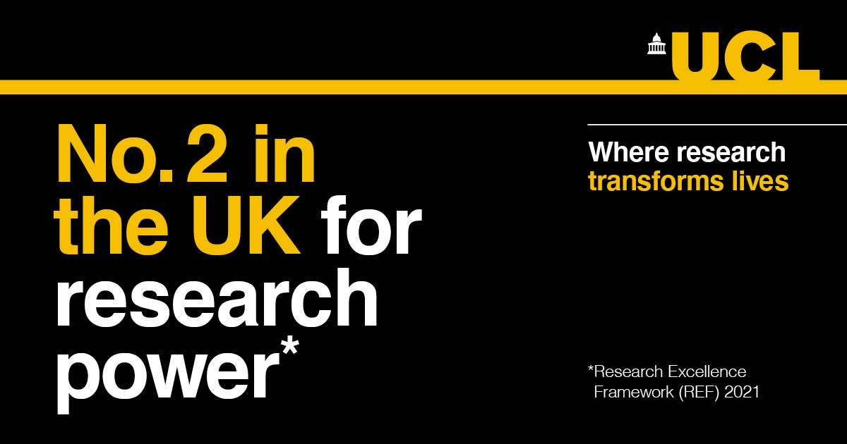 UCLResearch's tweet photo. Congratulations to all the excellent researchers at UCL! 
UCL has come second in the UK for research power in #REF announced today. 

Find out why 93% of our research was graded ‘world leading’ and ‘internationally excellent’: https://t.co/Ol5cTMGKqr ⬅️

#UCLResearch #REFResults https://t.co/oJaS7mQ1iE