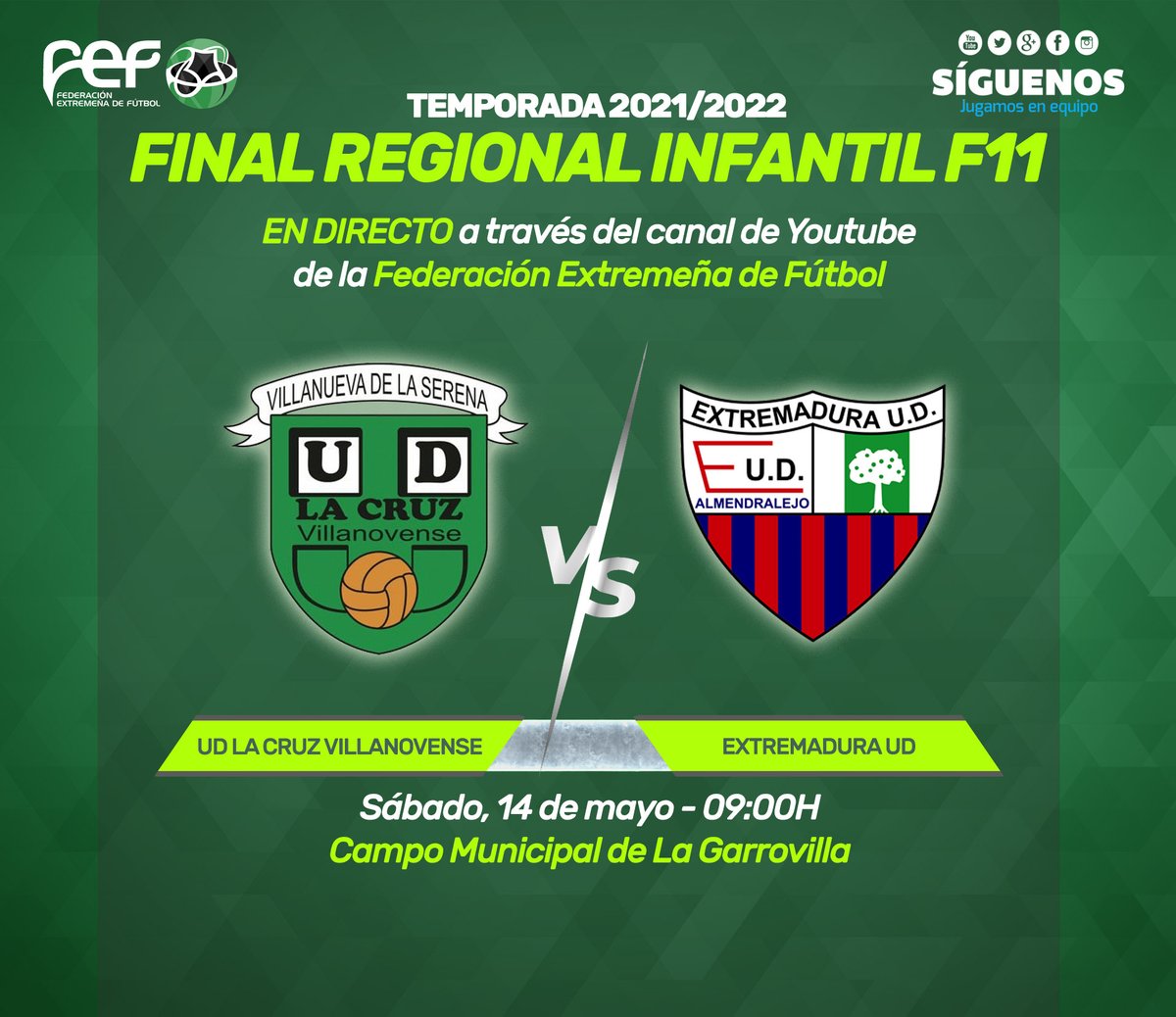 FedExFutbol's tweet image. ⌚¡Cambio de hora! 

☀Por previsión de altas temperaturas, las 🏆FINALES Infantil y Cadete F11 adelantan su horario:

⚽09:00H - Final Infantil F11
@UDLaCruz 🆚 @EXT_UD 

⚽11:00H - Final Cadete F11
@Merida_AD 🆚 @CDBLaAcademia 

📺¡EN DIRECTO por nuestro canal de Youtube!