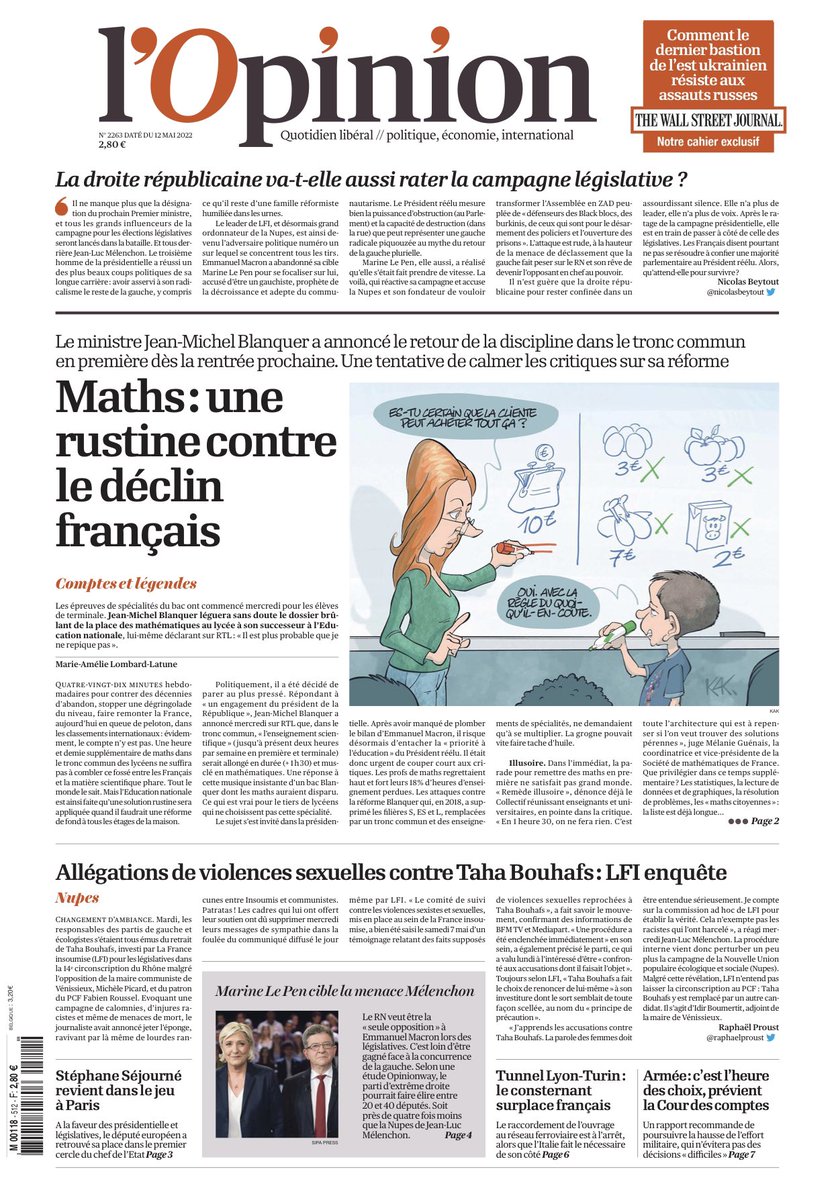 MaximeLledo's tweet photo. Sujet majeur à la UNE de @lopinion_fr ce matin. La chute du niveau des élèves en mathématiques. Comparé avec le niveau s’il y a 40 ans. Constater la dégringolade de façon flagrante grâce à ces chiffres et à ce graphique 📉 https://t.co/FK5C8N3XXx