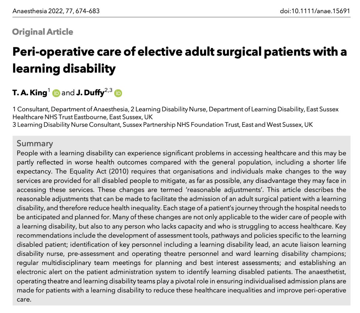 🔐Peri-operative care of elective adult surgical patients with a learning disability.

This great new review features in the June issue is now #FreeForAWeek!

🔗…-publications.onlinelibrary.wiley.com/doi/10.1111/an…