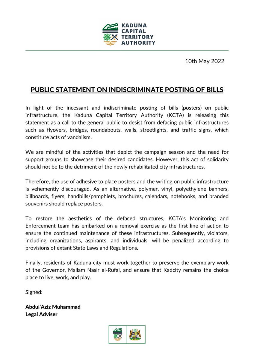 PUBLIC STATEMENT ON INDISCRIMINATE POSTING OF BILLS

In light of the incessant and indiscriminate posting of bills (posters) on public infrastructure, the Kaduna Capital Territory Authority (KCTA) is releasing this statement as a call to the general public to desist from...