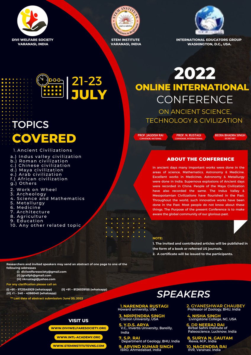 Diviwelfare's tweet photo. #diviwelfaresociety in collaboration with #StemInstitute and #InternationalEducatorsGroup Jointly organize online
#INTERNATIONAL CONFRENCE ON ANCIENT SCIENCE, TECHNOLOGY AND CIVILIZATION
Get ready for share your knowledge and Thoughts: https://t.co/VPlWasgR38
