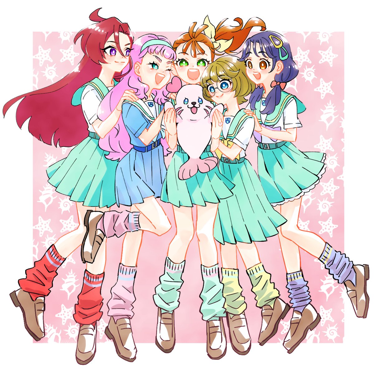 multiple girls school uniform smile skirt pink hair purple hair glasses  illustration images