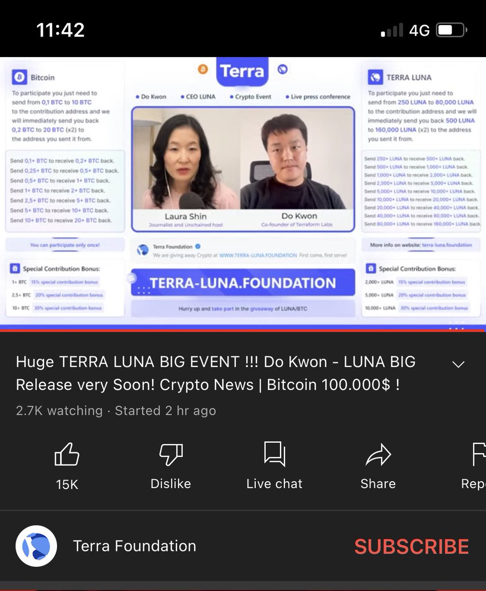 Is this a #JOKE. The official #LUNA Foundation is showing send-me-1BTC-will-send-more-back scams in a live youtube stream? ⁦<a href="/elonmusk/">Elon Musk</a>⁩ can you please clean up the crypto industry for good?