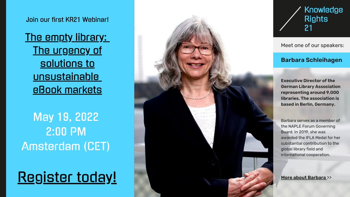 azoubig's tweet photo. RT #bibsen RT @Knowledge21org: Meet one of the speakers who will star in our webinar! Barbara Schleihagen, Executive Director German Library Association. And don't forget to register! https://t.co/HMmTEjQWnz #ebooks #copyright #knowledgerights21 #webinar https://t.co/DyxQxDpCwJ