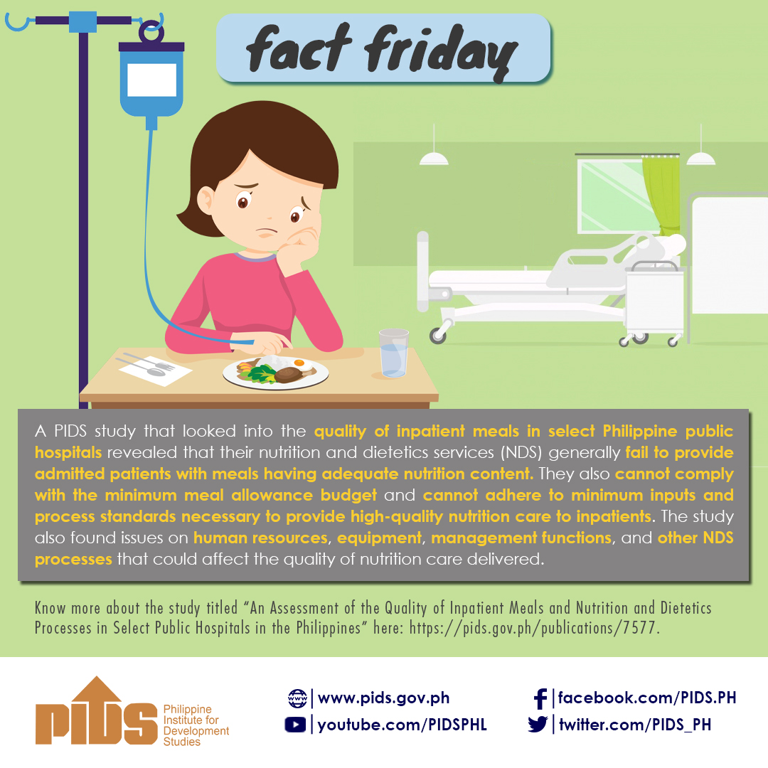 pidsgovph's tweet photo. Hello, PIDS friends! Here's our #PIDSFactFriday for the week on the quality of inpatient meals in select Philippine public hospitals.
Know more about the study here: https://t.co/Sl1KeGIVk6.
@DOHgovph @nncofficialph @teamphilhealth https://t.co/IqJteAtOrX