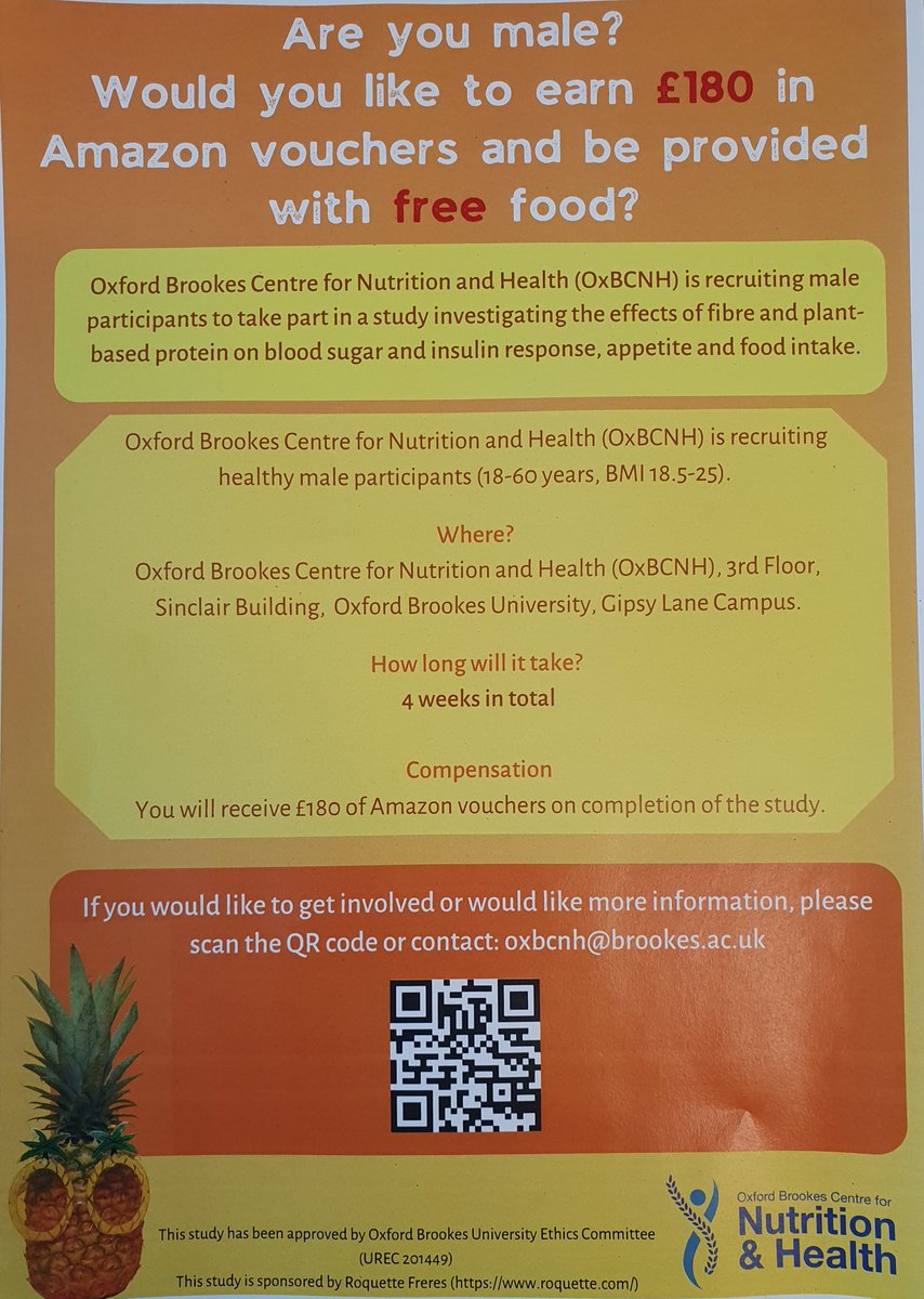 Looking for something to do this summer?

Come and take part in our nutrition studies at Oxford Brookes University 

#nutrition #innovation #research #food #glyceamicindex

<a href="/OBU_Nutrition/">Brookes Nutrition</a> @hls_research
