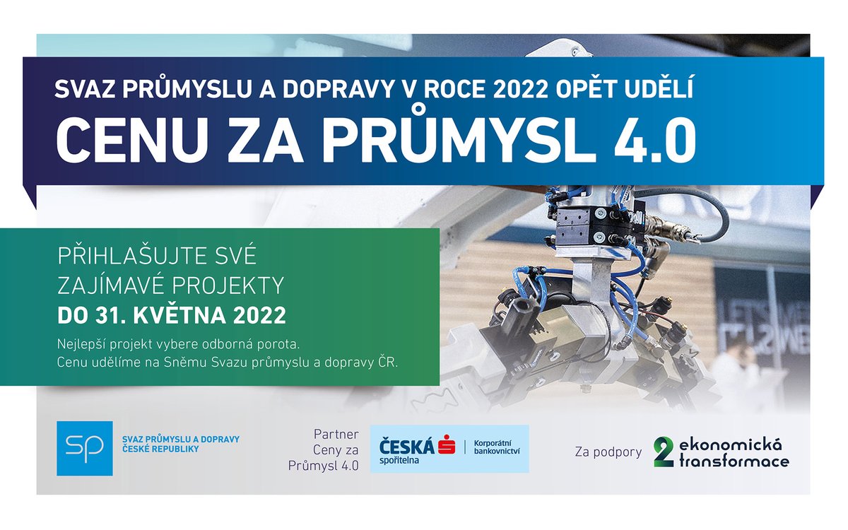 SvazPrumyslu's tweet photo. #Průmysl40 může firmě přinést vyšší konkurenceschopnost, produktivitu i zisky. Máte nějaké zajímavé inovativní řešení ve vašem podniku již za sebou? Inspirujte ostatní a přihlaste se do Ceny za Průmysl 4.0. Vítěz získá ocenění od @Ceskasporitelna.
👇
https://t.co/bAN9d2jSsJ https://t.co/rGxILZ7xHs