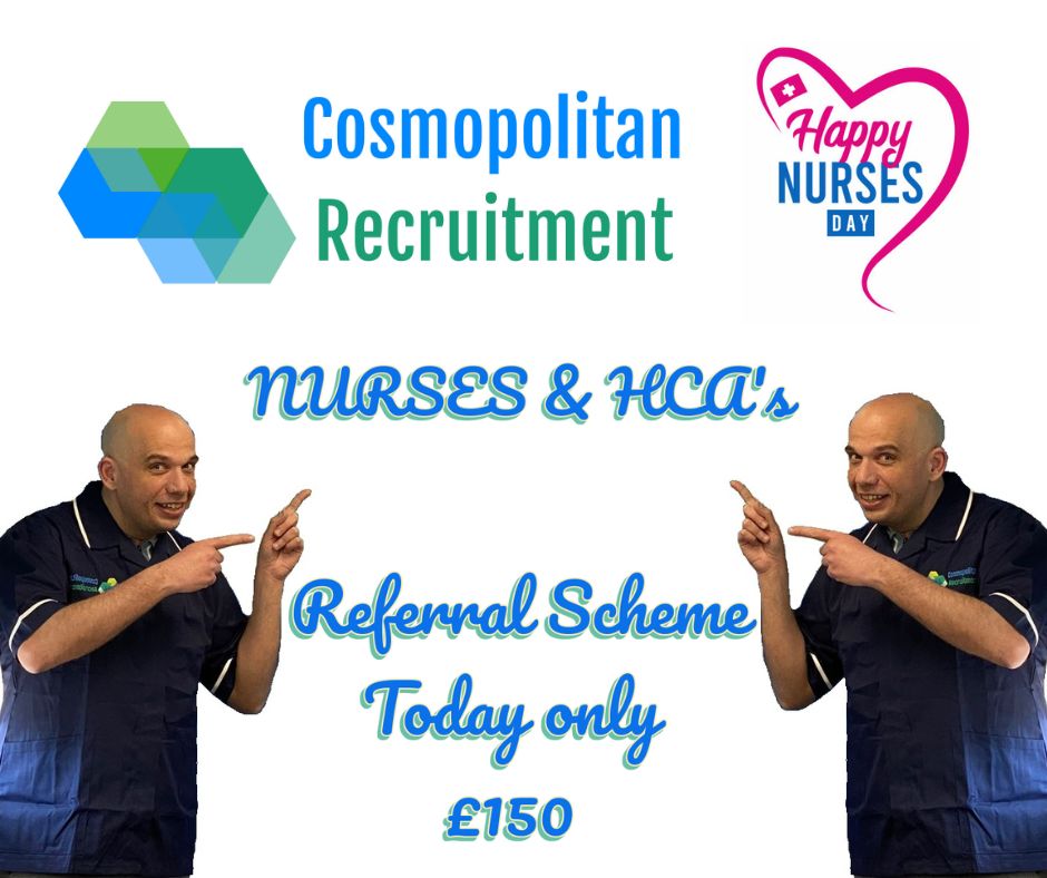 Cosmopolrecruit's tweet photo. Celebrating International Nurses Day. We have increased our referral scheme to £150 per Nurse or HCA, that is recommended to us and is placed on shifts ♥️ Please contact us for more info. 
Ricardo@cosmopolitanrecruitment.co.uk
Office: 020 3026 2067

#nurses #NHS #HCA #healthcare https://t.co/QOE4vFczdZ