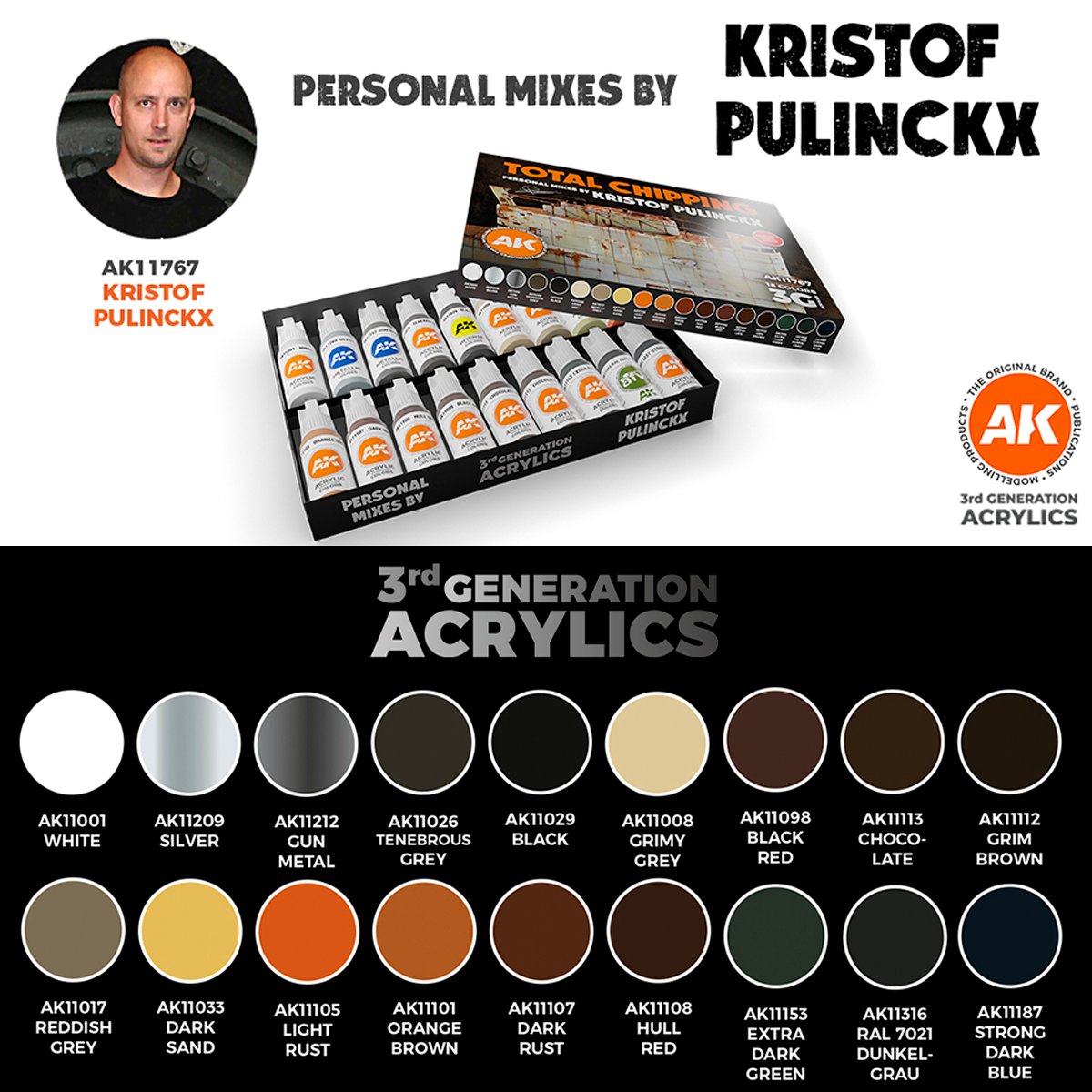 Ak_Interactive's tweet photo. SIGNATURE SET – TOTAL CHIPPING – KRISTOF PULINCKX SET
Incluye 18 colores acrílicos útiles para reproducir efectos de desconchones en vehículos militares, naves Sci-Fi, vehículos civiles, escenografía, etc.
👇👇
https://t.co/SWXL17K8sz
#AKInteractive #AK3Gen #SignatureSet https://t.co/xpw7Vj7ch3
