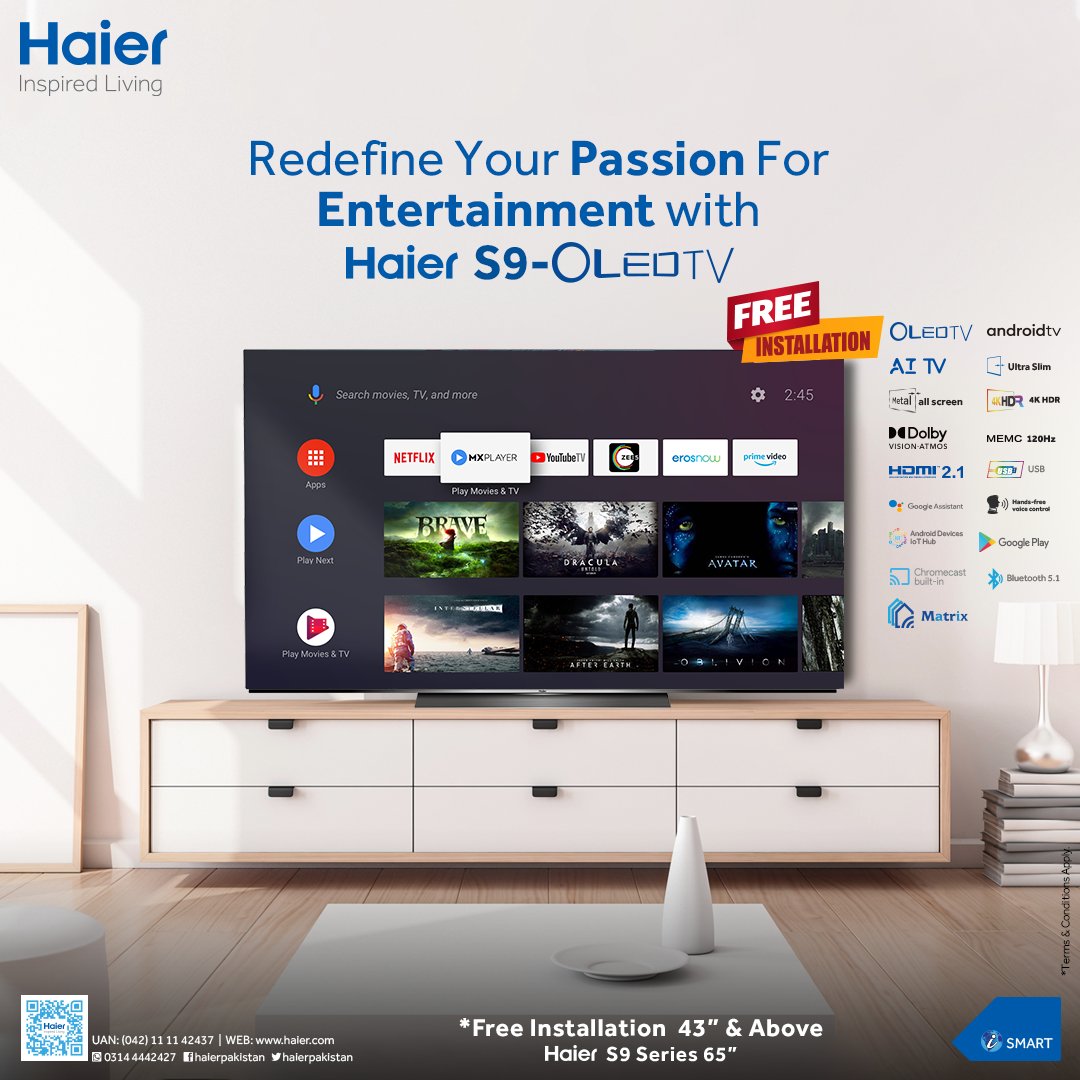 HaierPakistan's tweet photo. Upgrade your lifestyle and switch to Haier's Android S9-OLED TV. With multiple brilliant features, innovative technology & magnificent visuals take your entertainment to the next level!
Visit: https://t.co/bx7i7eirkE
#Haier #InspiredLiving #SmarLiving #HaierLED https://t.co/JP0aUZoelB
